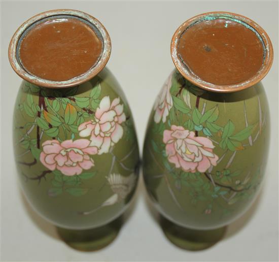 A pair of Japanese silver and copper wire sage green ground vases, c.1910, 18.5cm